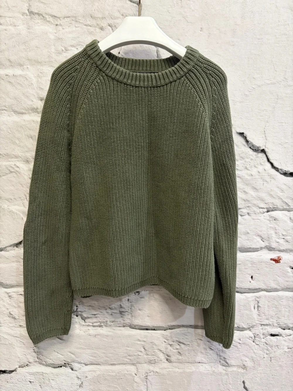 Quince Sweater 100% Organic Cotton Fisherman Crew Olive Green Chunky Boxy Knit - Picture 6 of 9